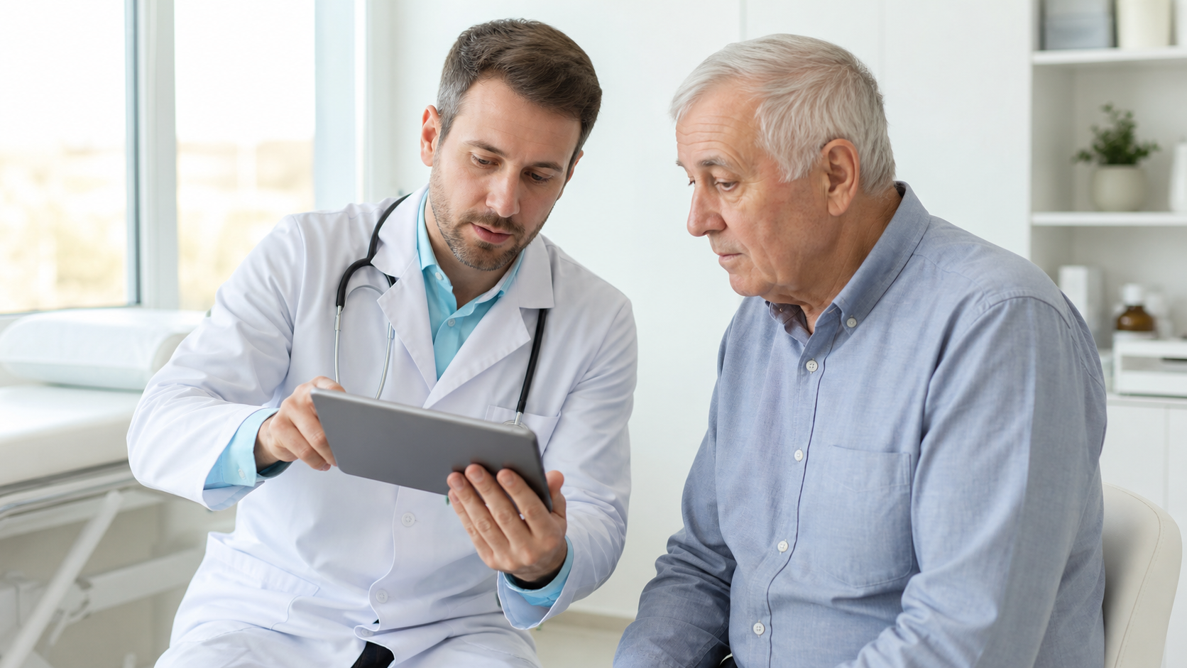 Médico conversando com um paciente idoso enquanto mostra um tablet