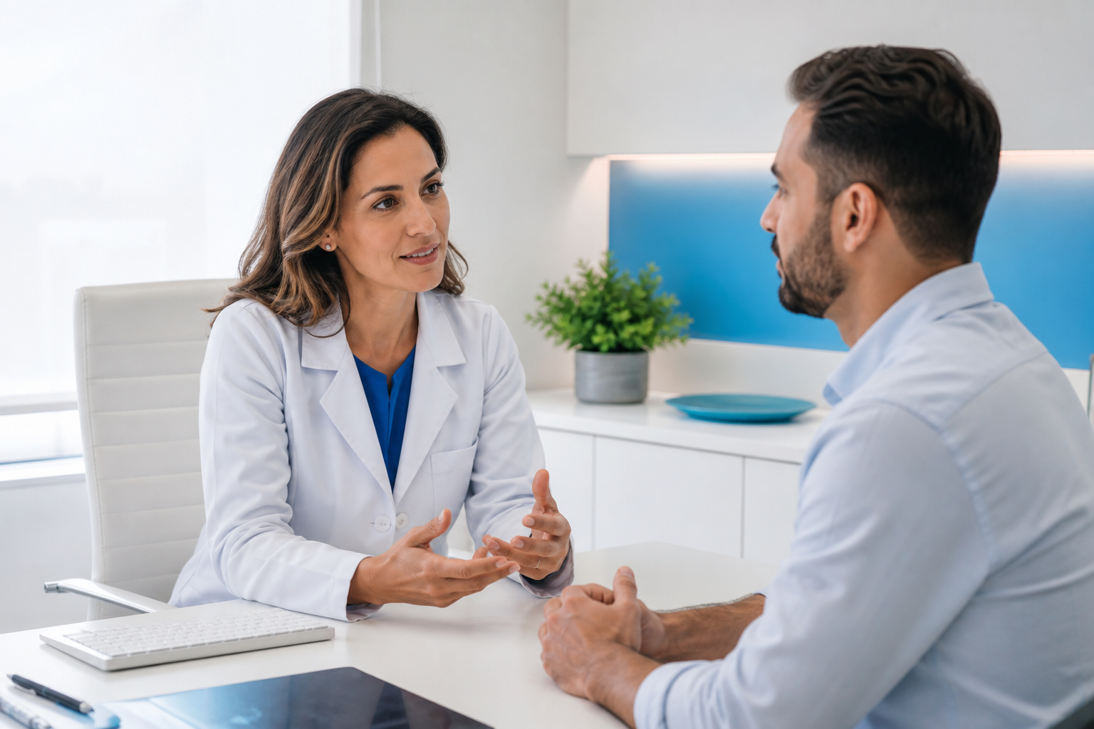 Profissional de saúde em conversa com uma paciente